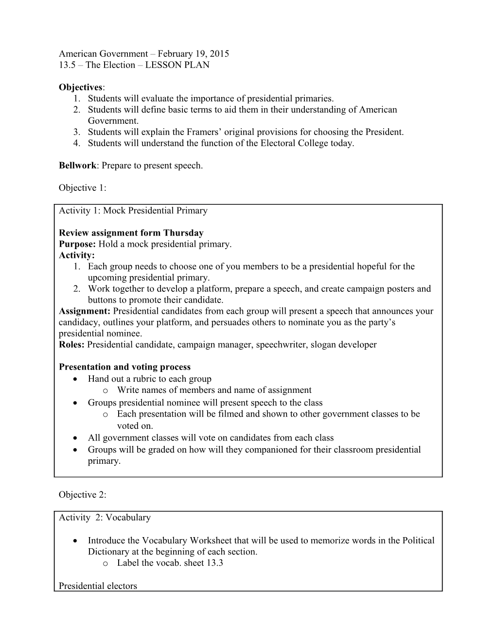 13.5 the Election LESSON PLAN