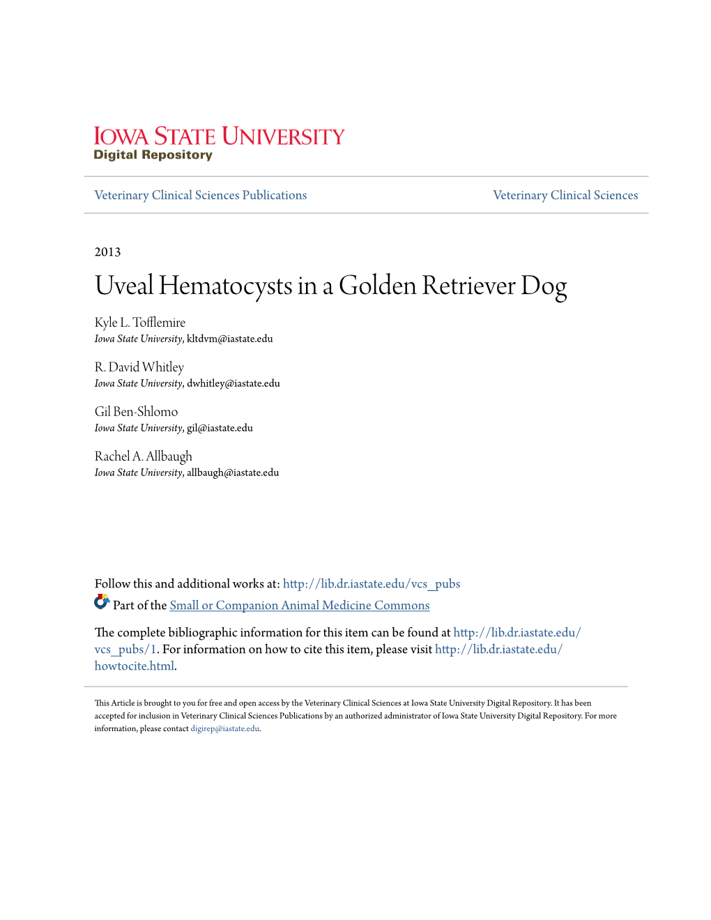 Uveal Hematocysts in a Golden Retriever Dog Kyle L