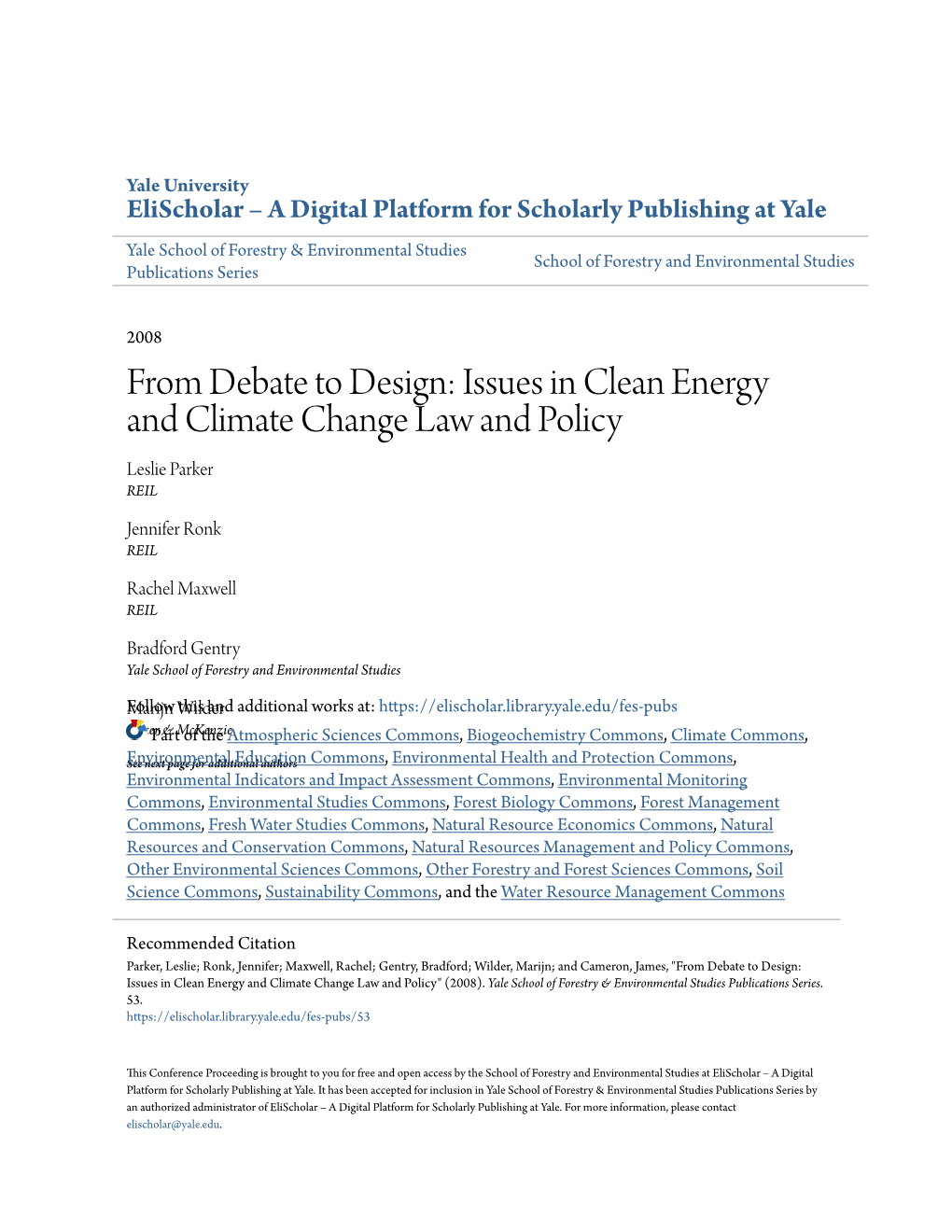 Issues in Clean Energy and Climate Change Law and Policy Leslie Parker REIL