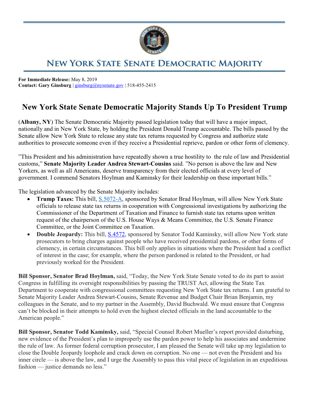 New York State Senate Democratic Majority Stands up to President Trump