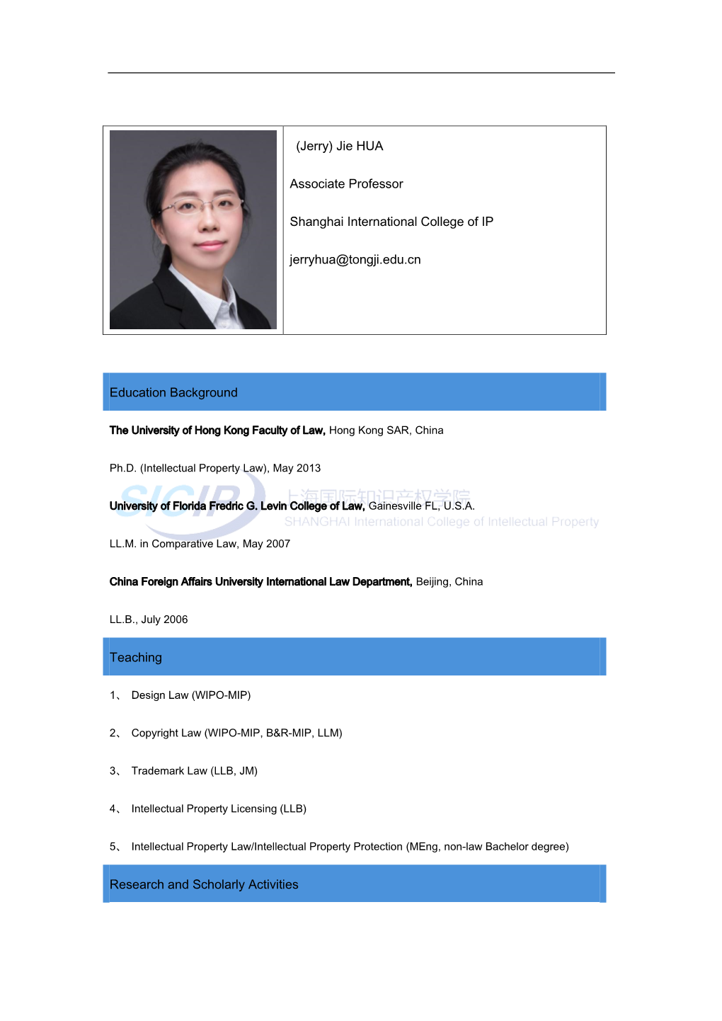 (Jerry) Jie HUA Associate Professor Shanghai International College Of