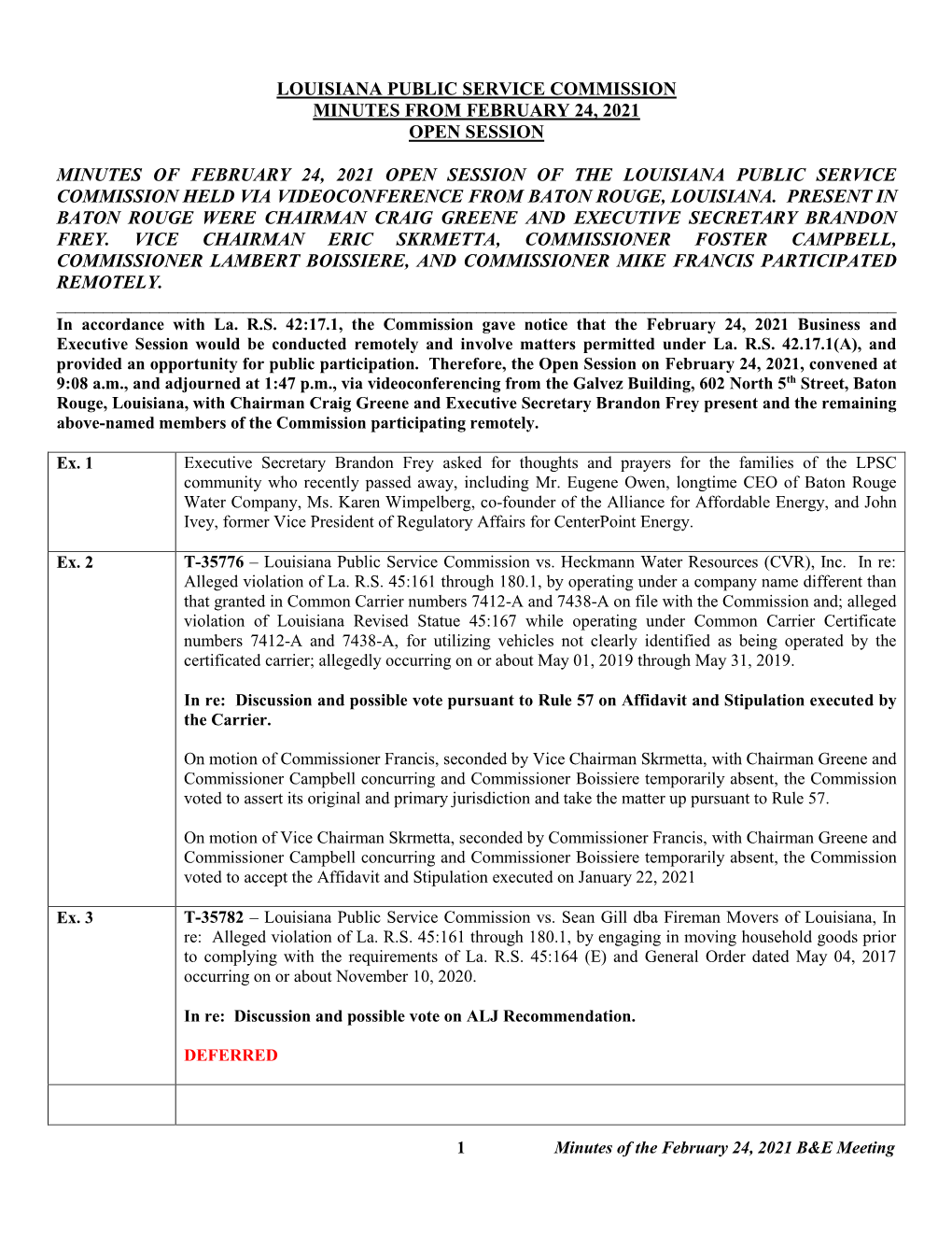 Louisiana Public Service Commission Minutes from February 24, 2021 Open Session Minutes of February 24, 2021 Open Session Of