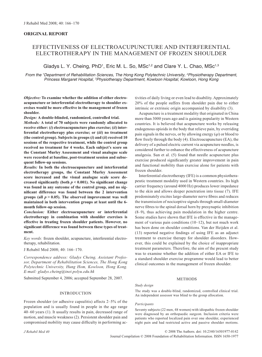 Effectiveness of Electroacupuncture and Interferential Electrotherapy in the Management of Frozen Shoulder