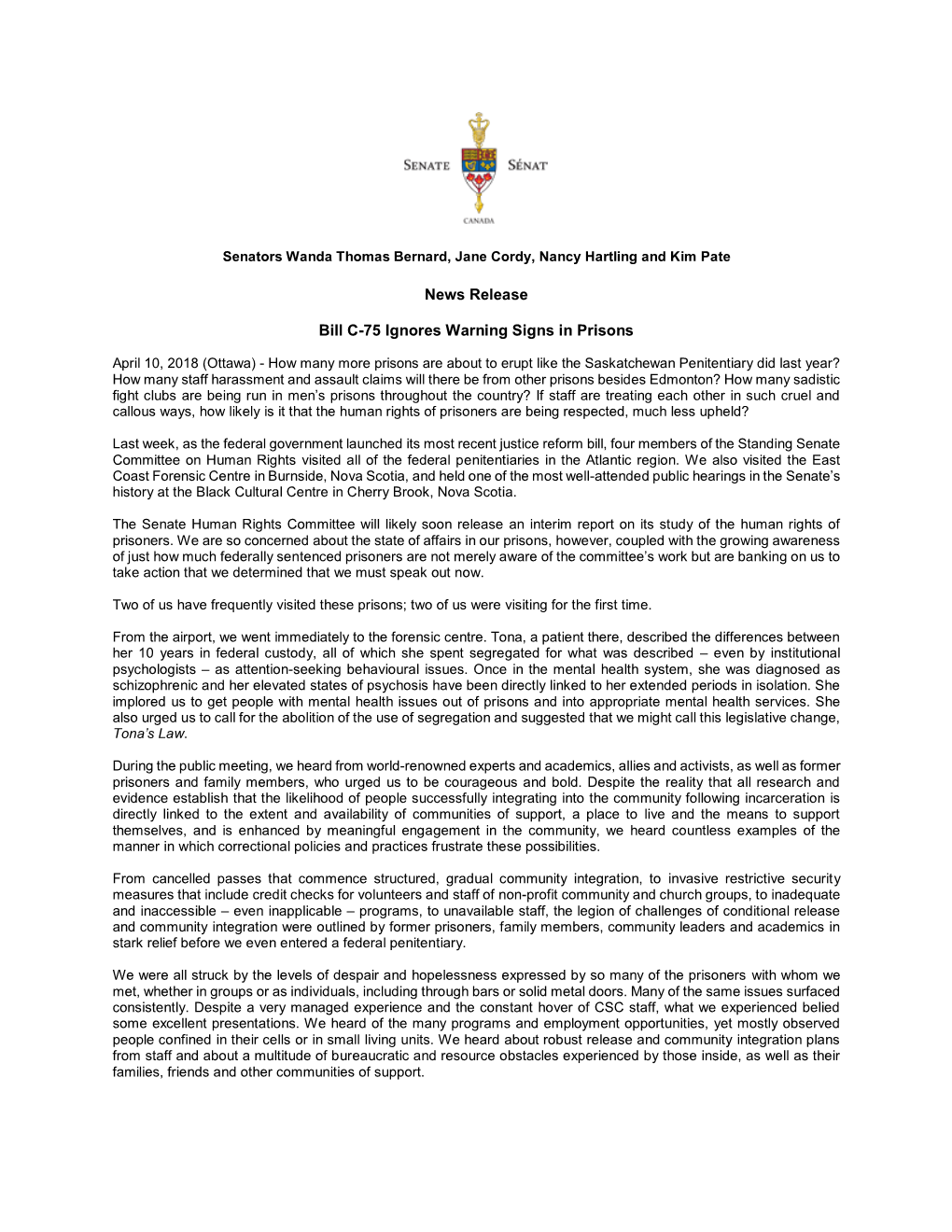 News Release Bill C-75 Ignores Warning Signs in Prisons