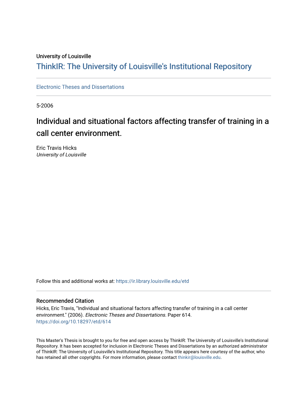 Individual and Situational Factors Affecting Transfer of Training in a Call Center Environment
