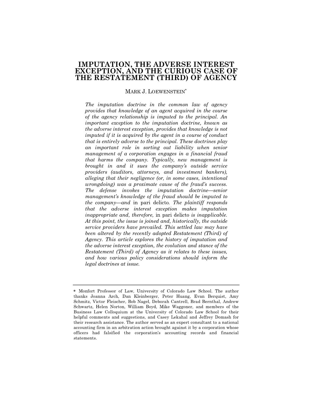 Imputation, the Adverse Interest Exception, and the Curious Case of the Restatement (Third) of Agency