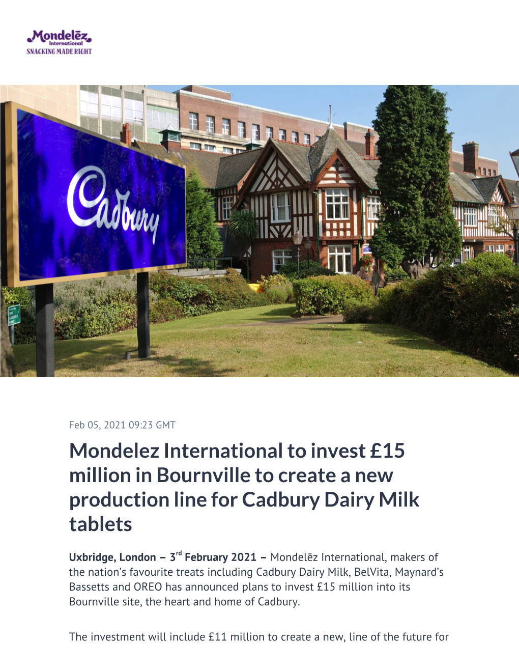 Mondelez International to Invest £15 Million in Bournville to Create a New Production Line for Cadbury Dairy Milk Tablets