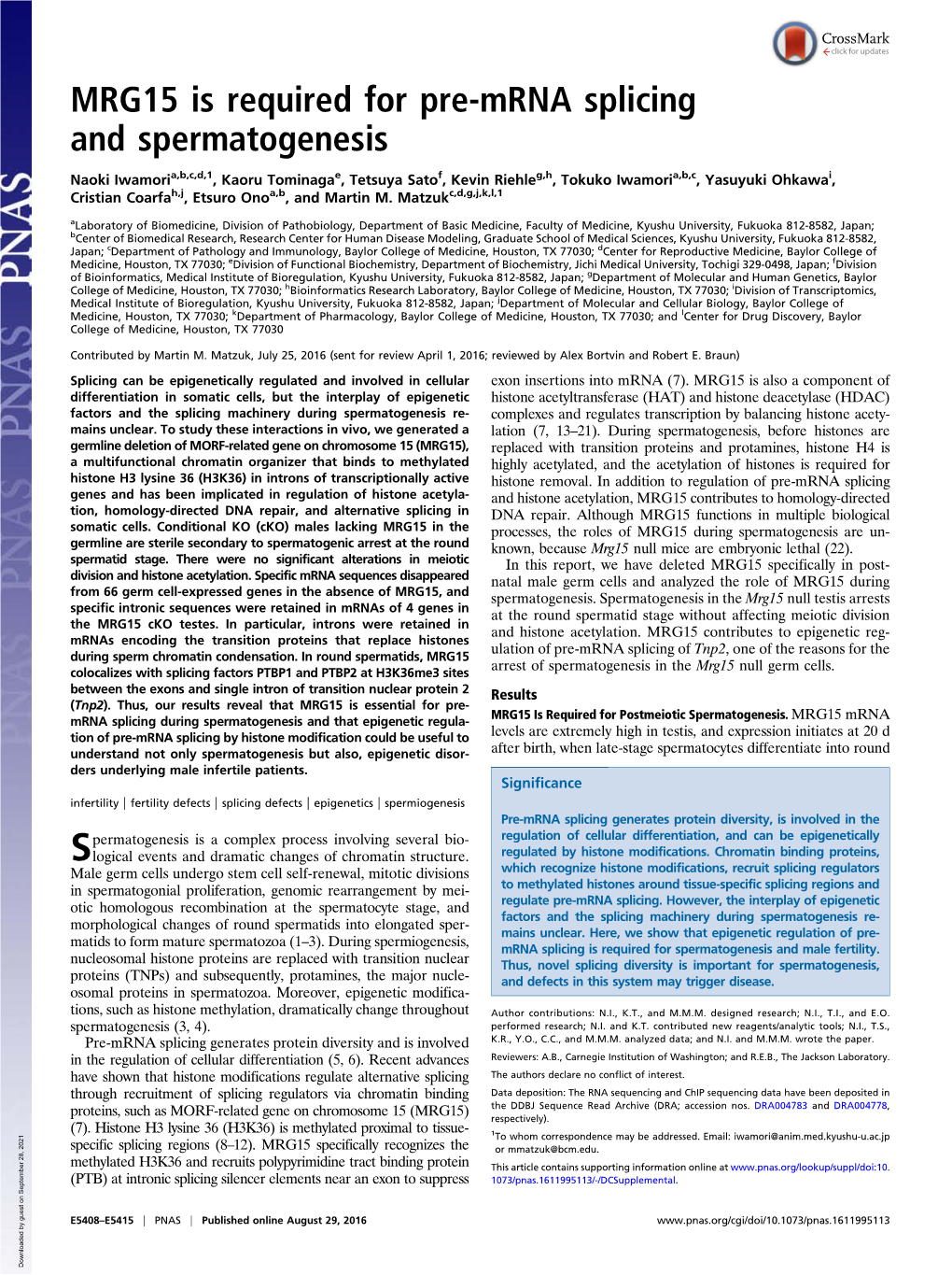 MRG15 Is Required for Pre-Mrna Splicing and Spermatogenesis