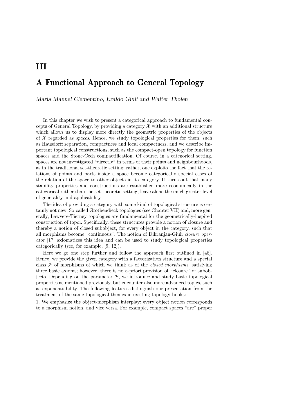 III a Functional Approach to General Topology