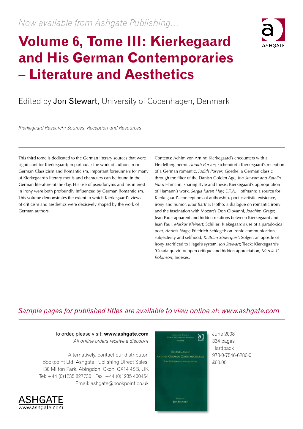 Volume 6, Tome III: Kierkegaard and His German Contemporaries – Literature and Aesthetics