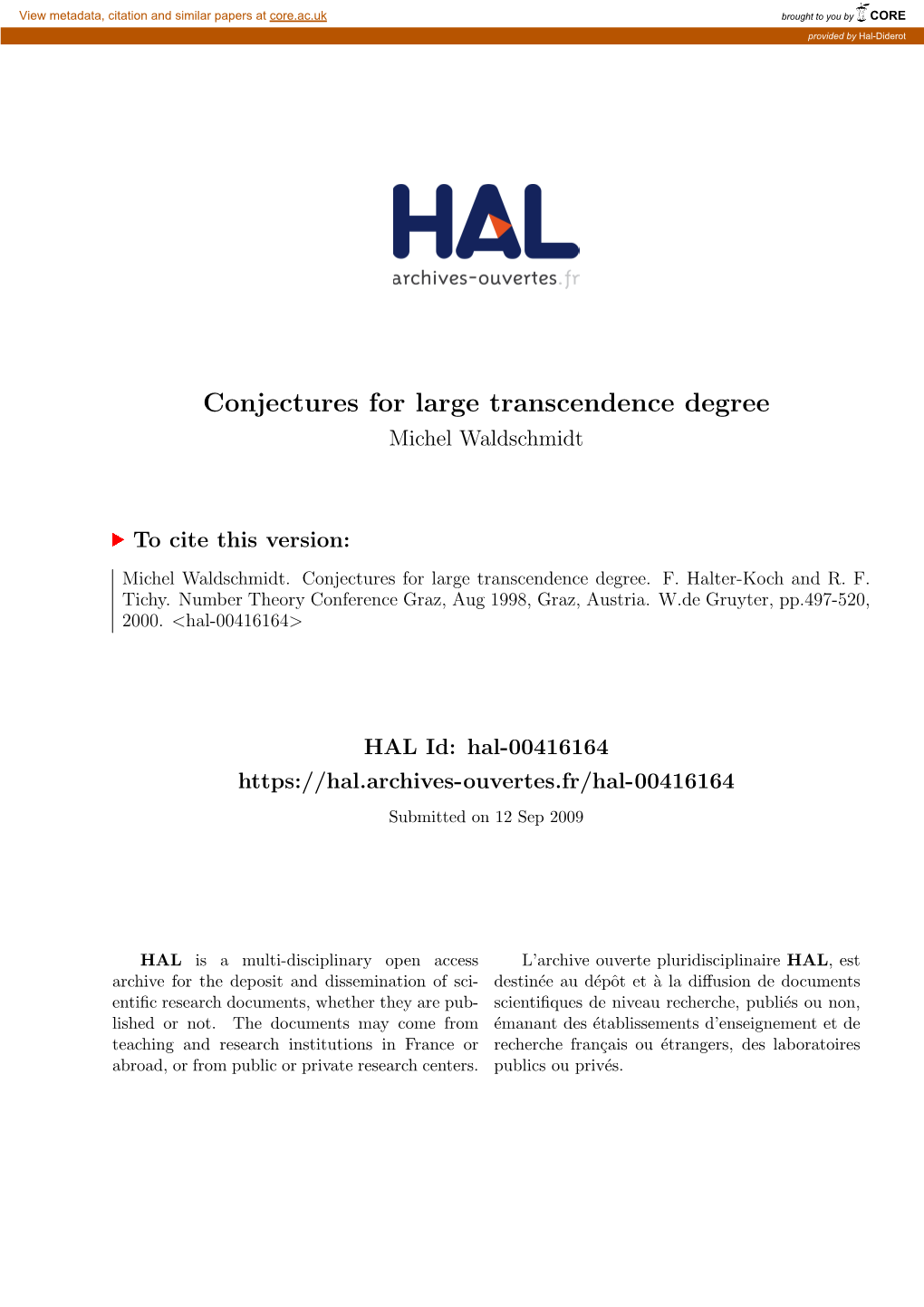 Conjectures for Large Transcendence Degree Michel Waldschmidt