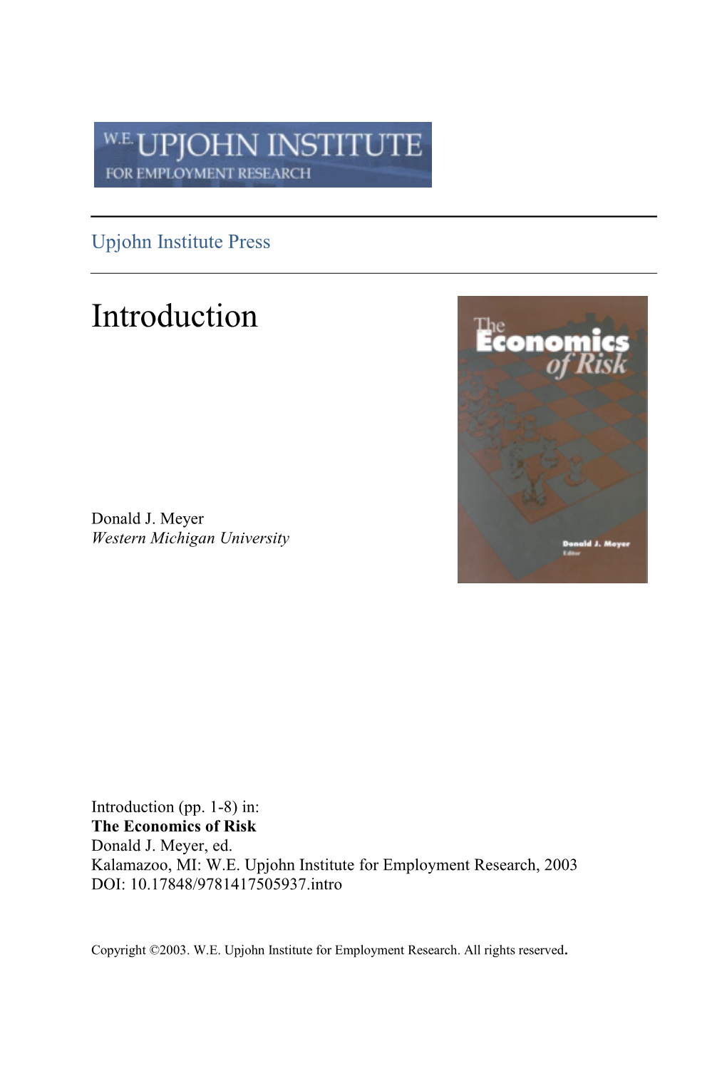 Introduction [The Economics of Risk]