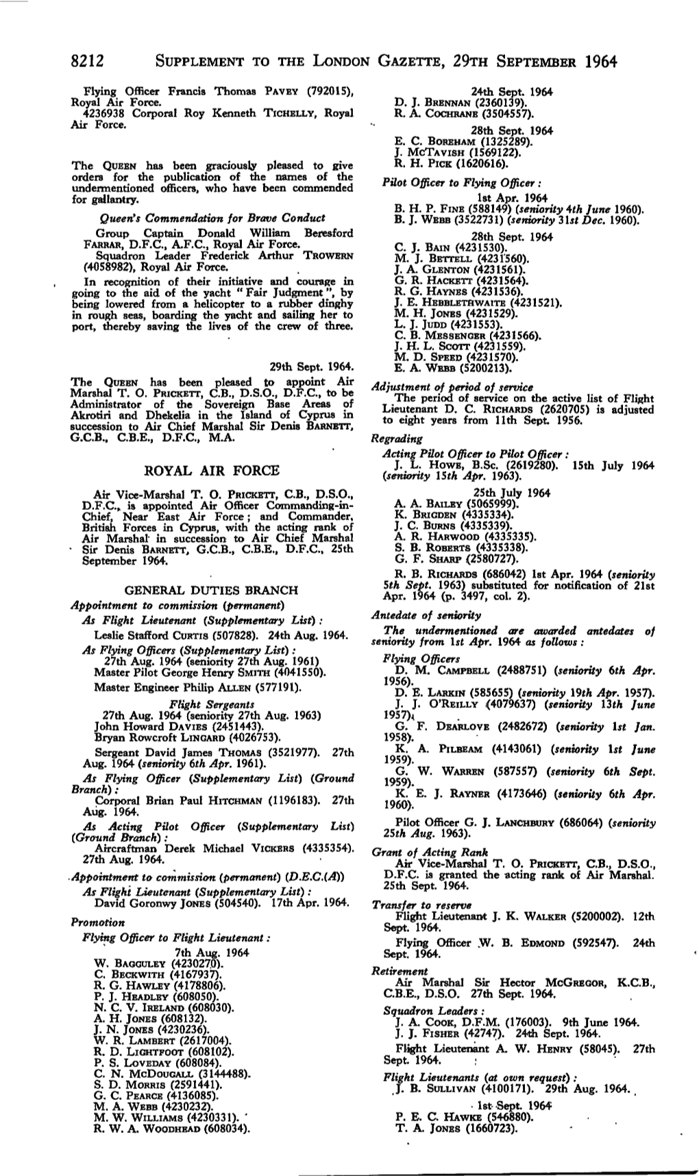 8212 Supplement to the London Gazette, 29Th September 1964