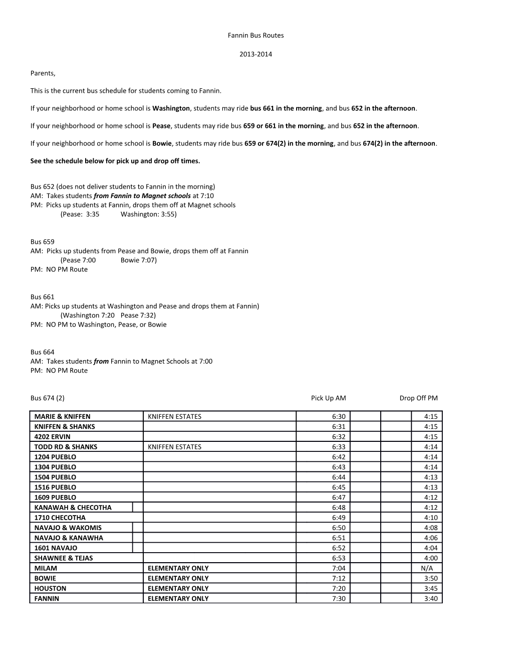 This Is the Current Bus Schedule for Students Coming to Fannin