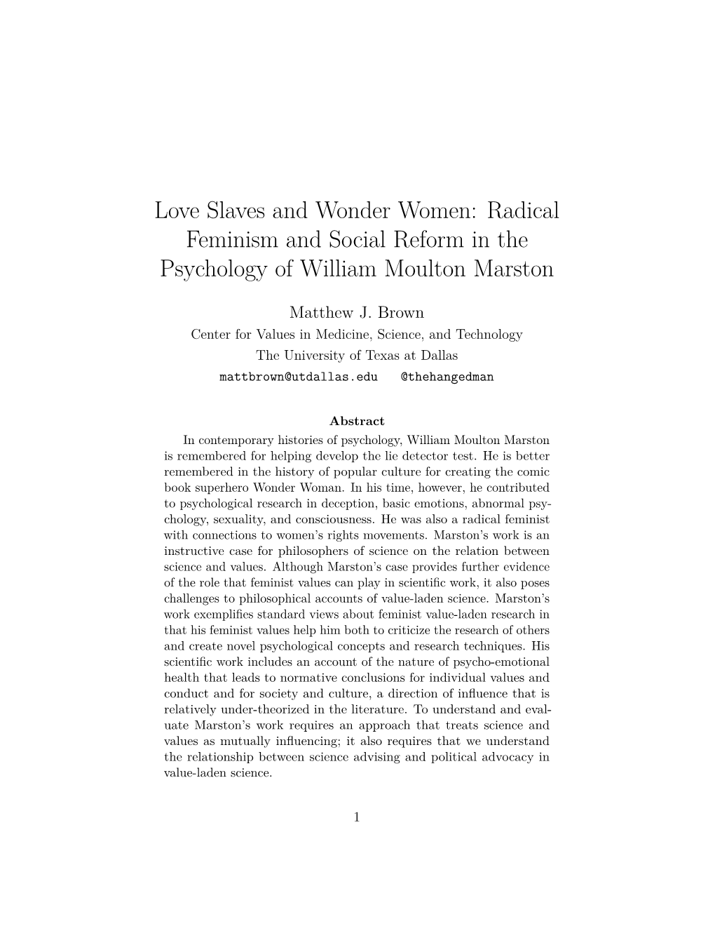 Radical Feminism and Social Reform in the Psychology of William Moulton Marston