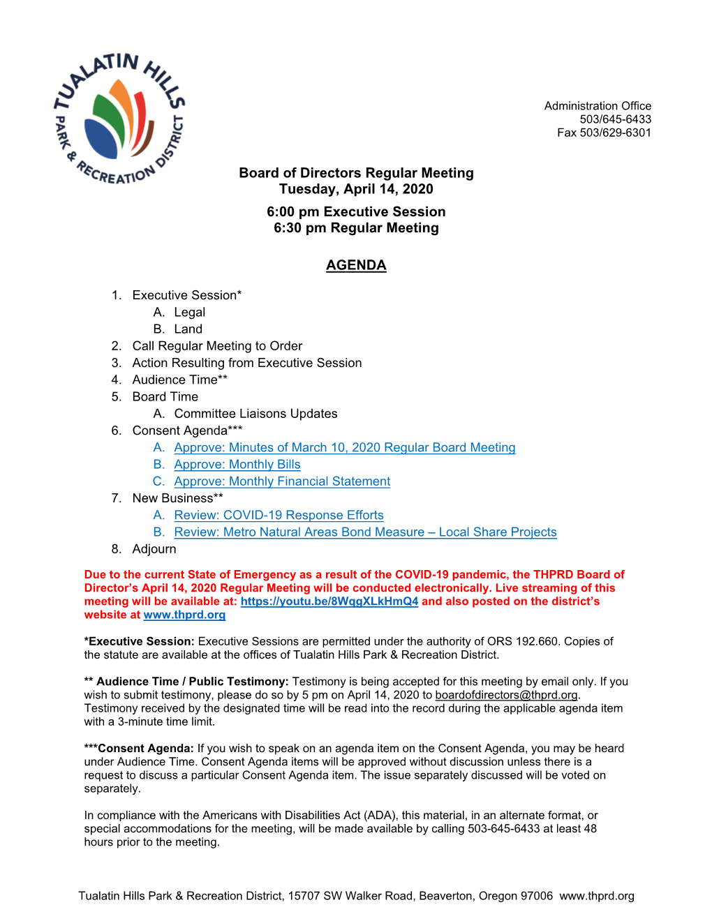 Board of Directors Regular Meeting Tuesday, April 14, 2020 6:00 Pm Executive Session 6:30 Pm Regular Meeting