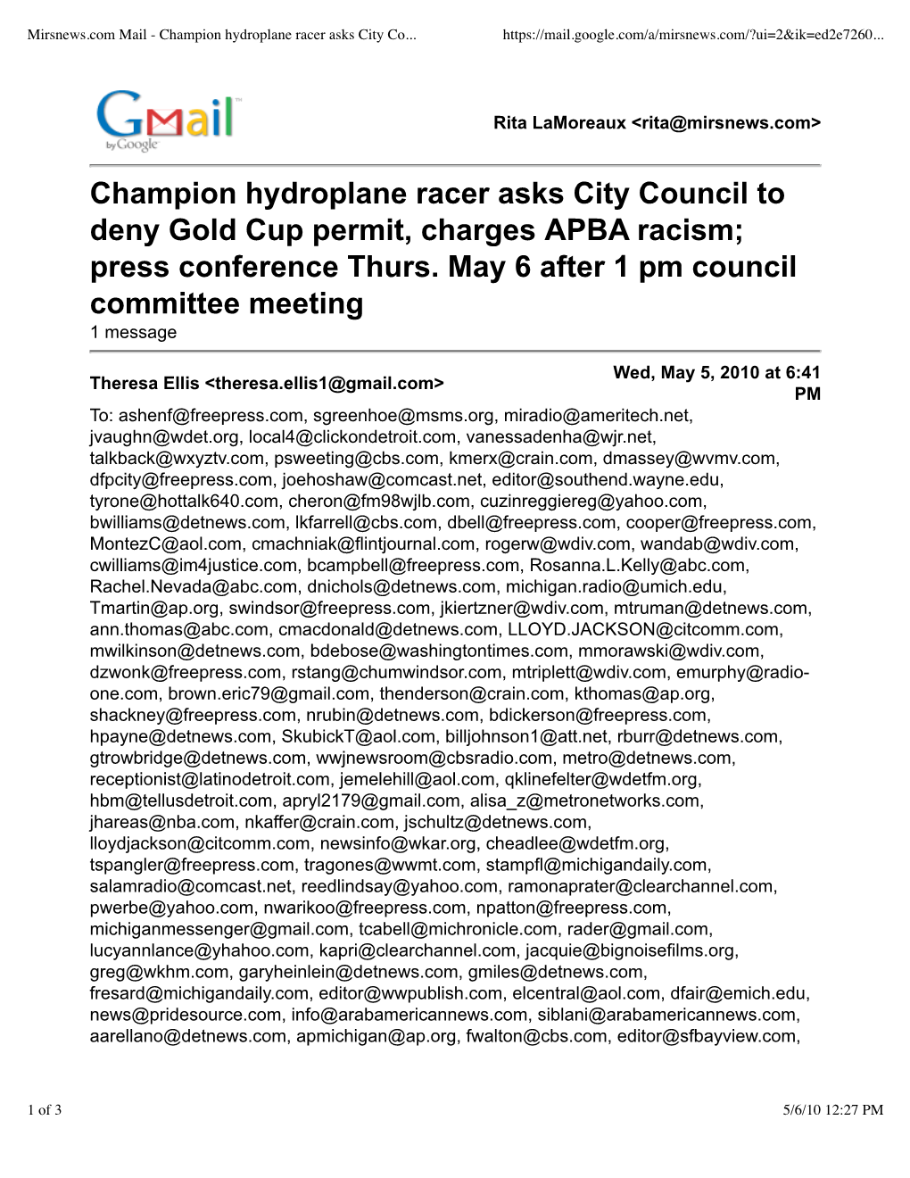 Champion Hydroplane Racer Asks City Council to Deny Gold Cup Permit, Charges APBA Racism; Press Conference Thurs