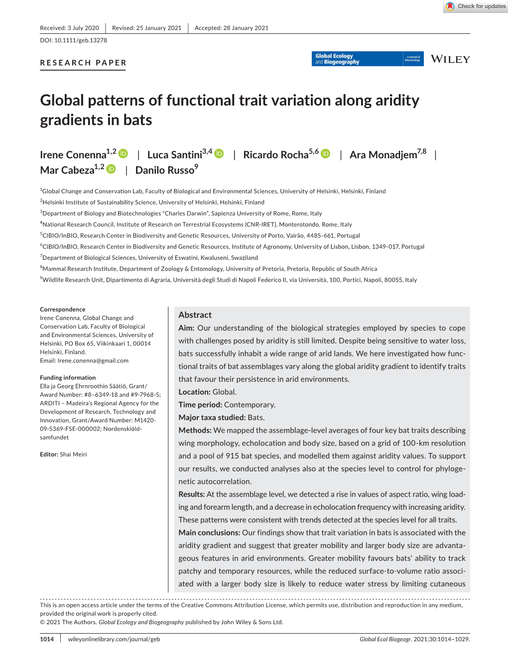 Global Patterns of Functional Trait Variation Along Aridity Gradients in Bats