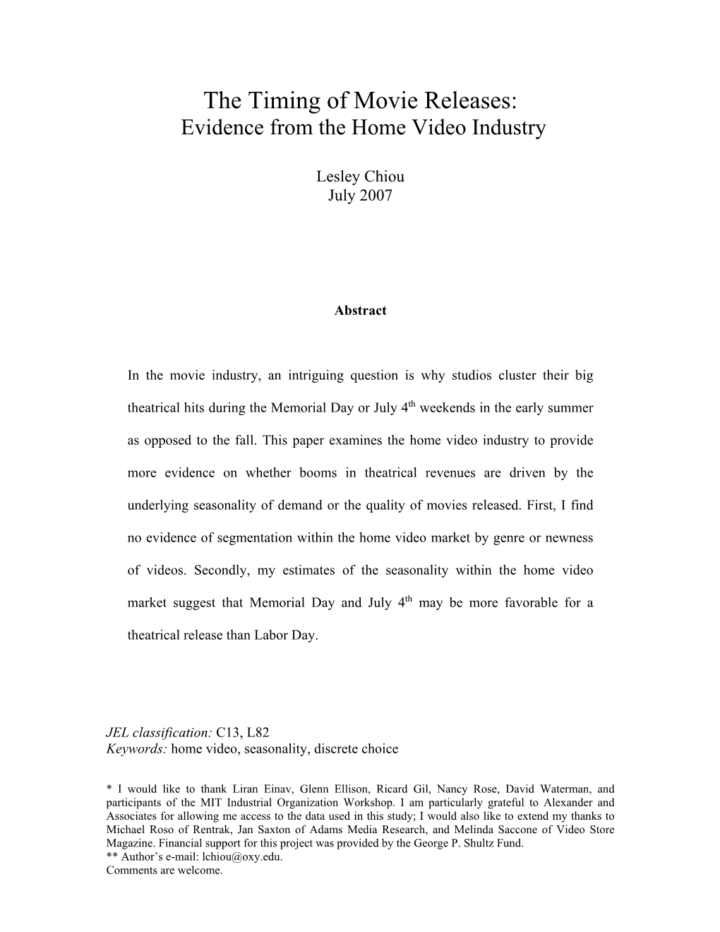 The Timing of Movie Releases: Evidence from the Home Video Industry