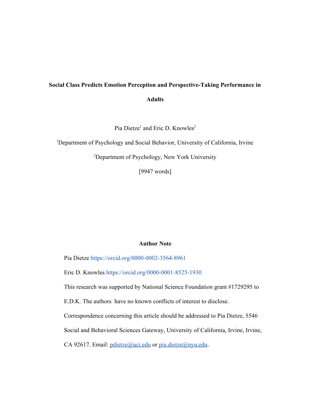 Social Class Predicts Emotion Perception and Perspective-Taking Performance In