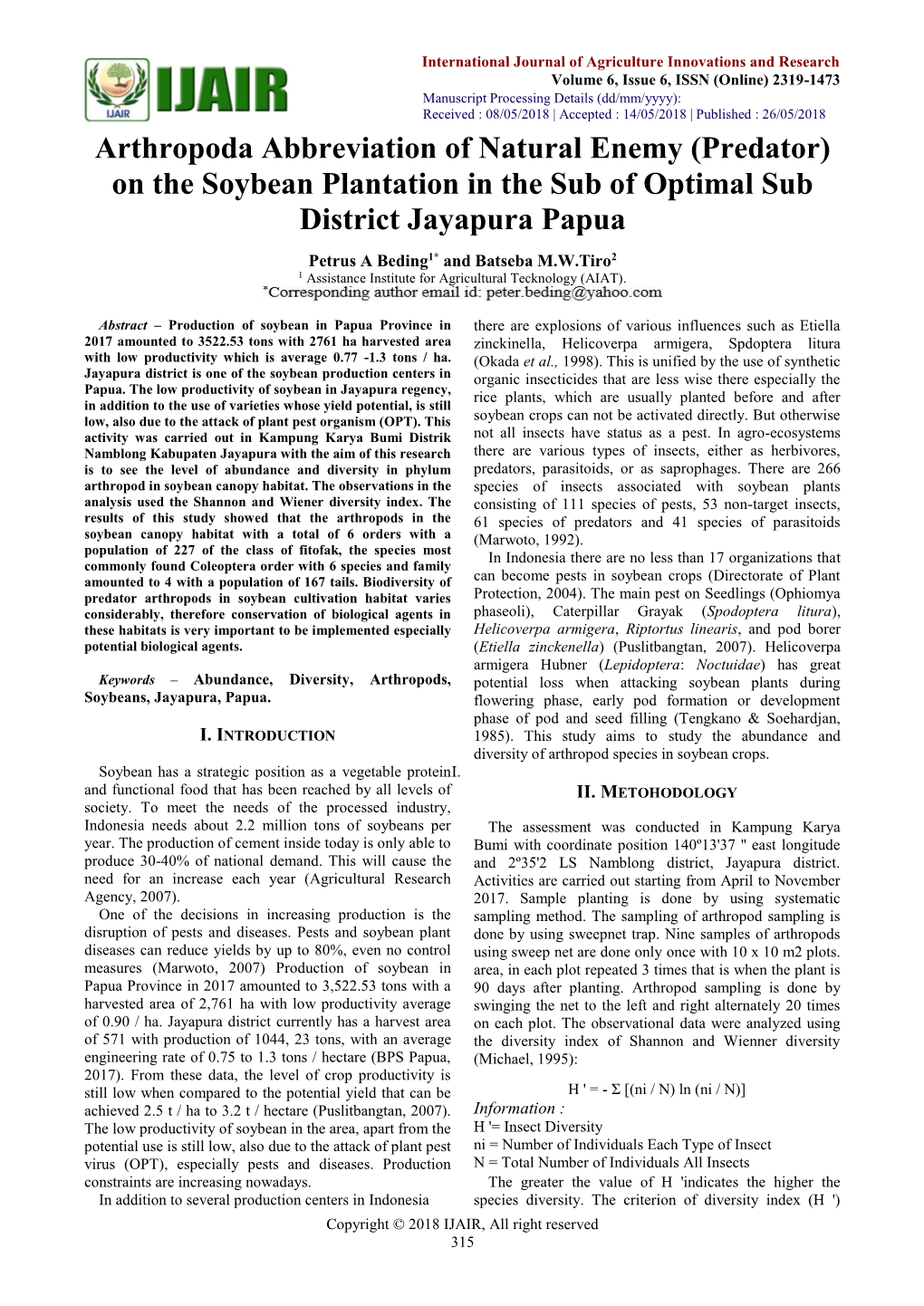 Arthropoda Abbreviation of Natural Enemy (Predator) on the Soybean Plantation in the Sub of Optimal Sub District Jayapura Papua