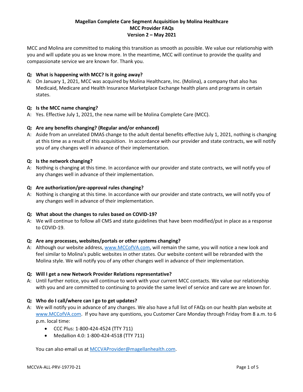 Magellan Complete Care Segment Acquisition by Molina Healthcare MCC Provider Faqs Version 2 – May 2021