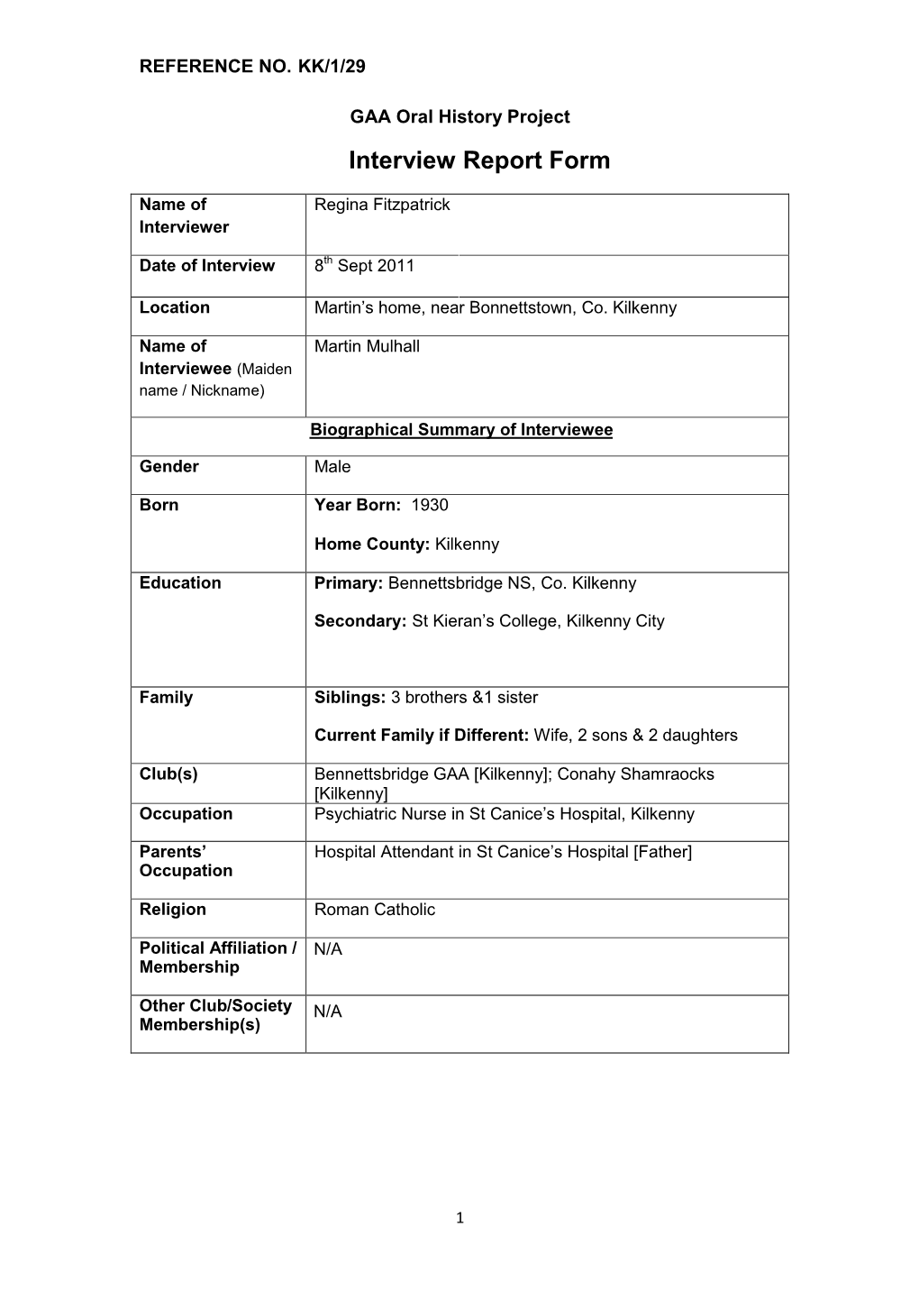 GAA Oral History Project Interview Report Form