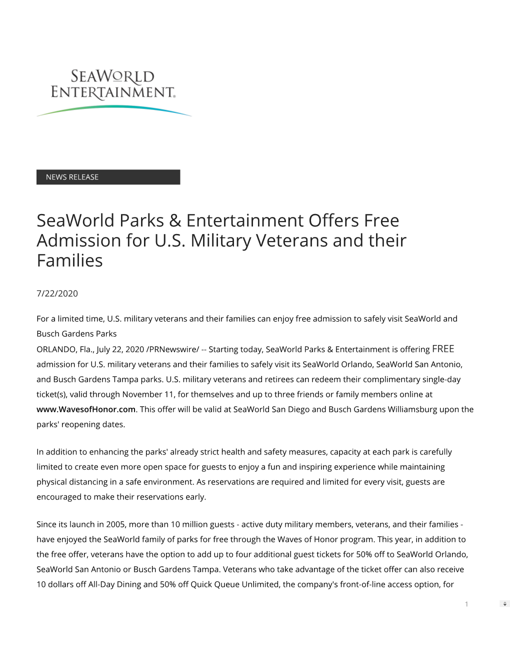 Seaworld Parks & Entertainment O Ers Free Admission for U.S. Military