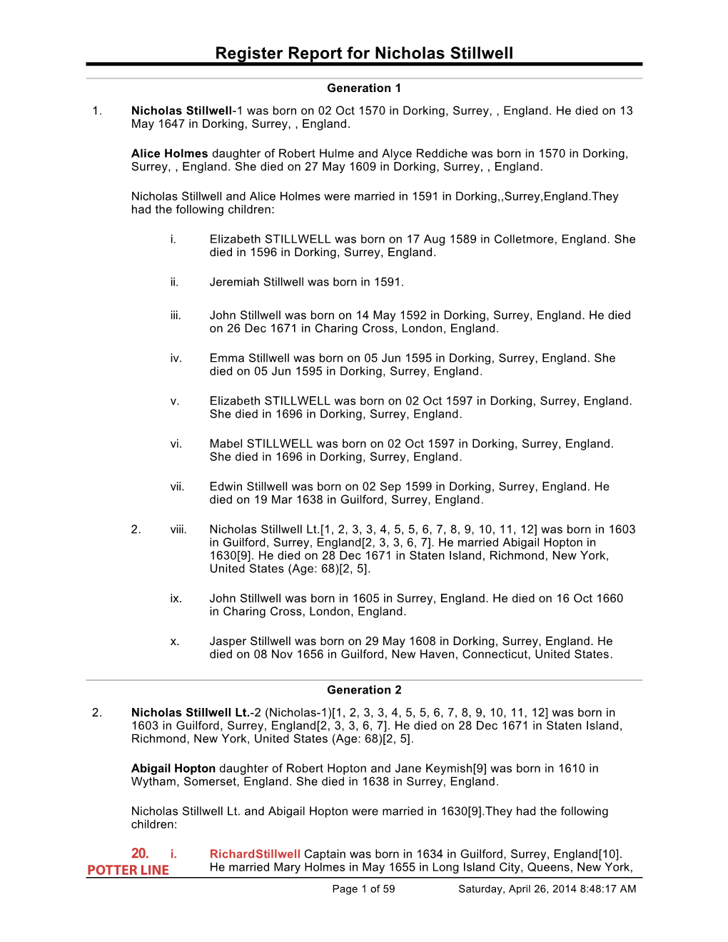 Nicholas Stilwell and Abigail Hopton Lineage