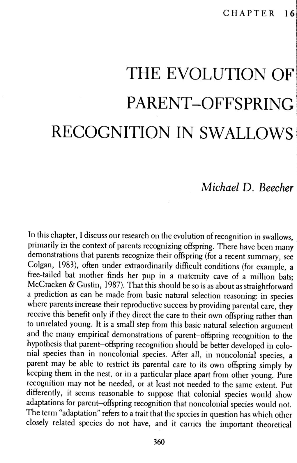 Evolution of Parent-Offspring Recognition in Swallows