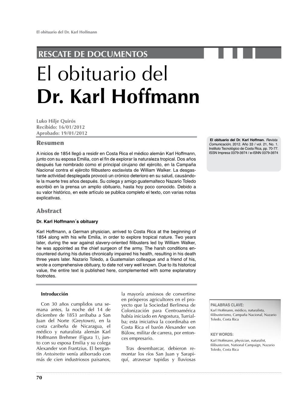El Obituario Del Dr. Karl Hoffmann