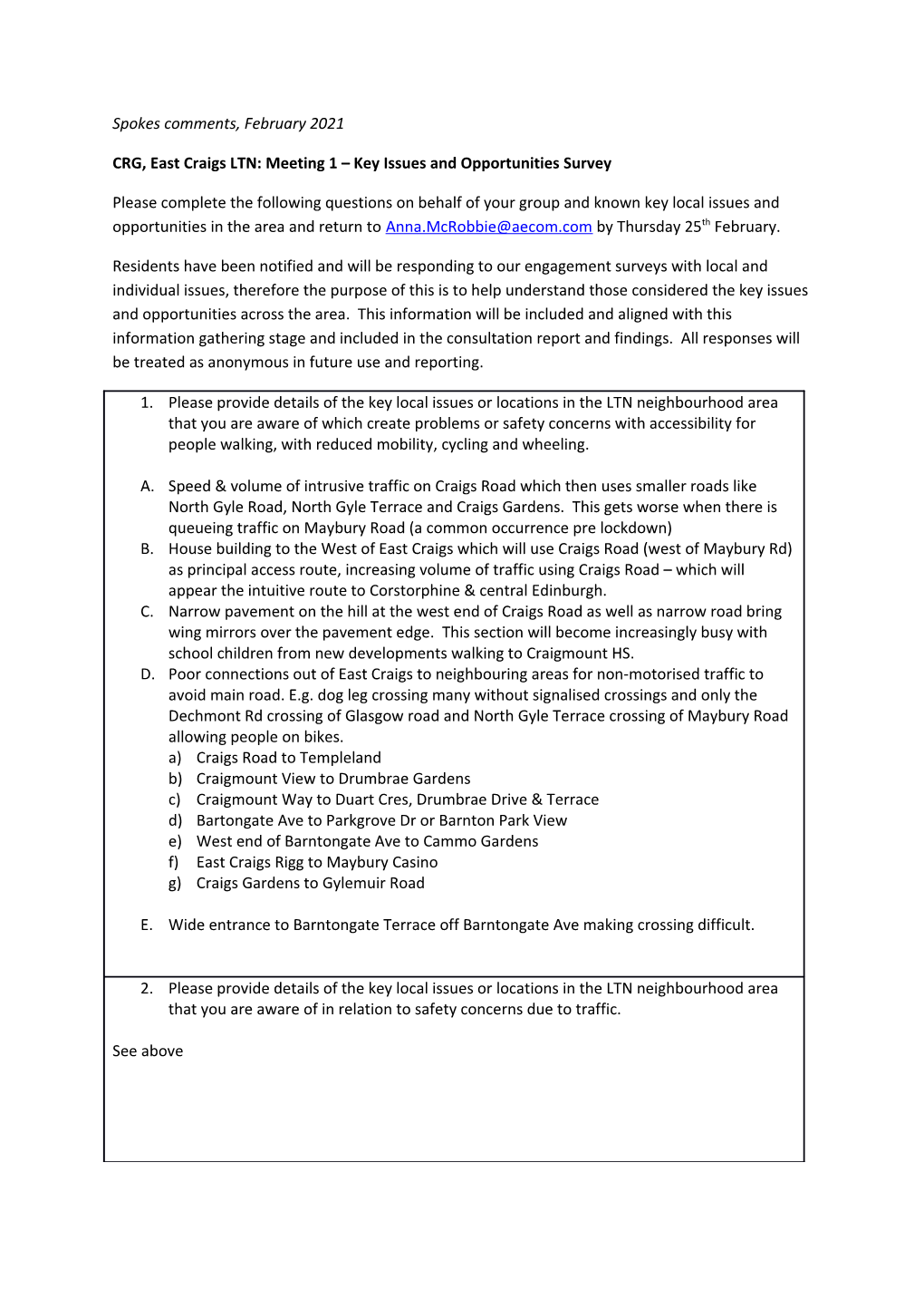 Spokes Comments, February 2021 CRG, East Craigs LTN: Meeting 1