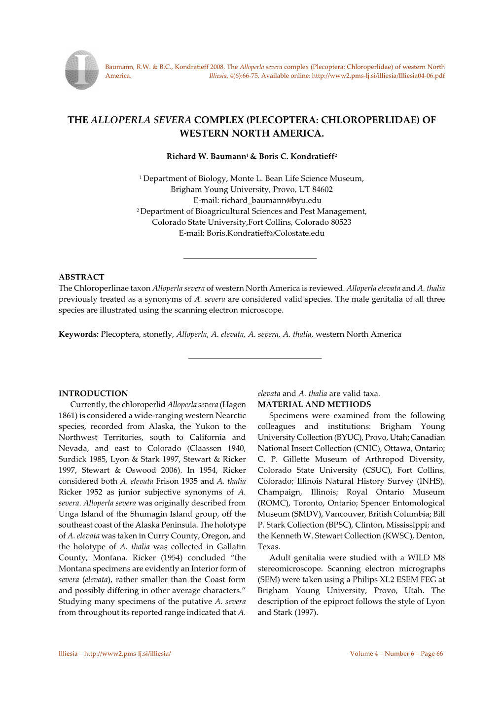 The Alloperla Severa Complex (Plecoptera: Chloroperlidae) of Western North America