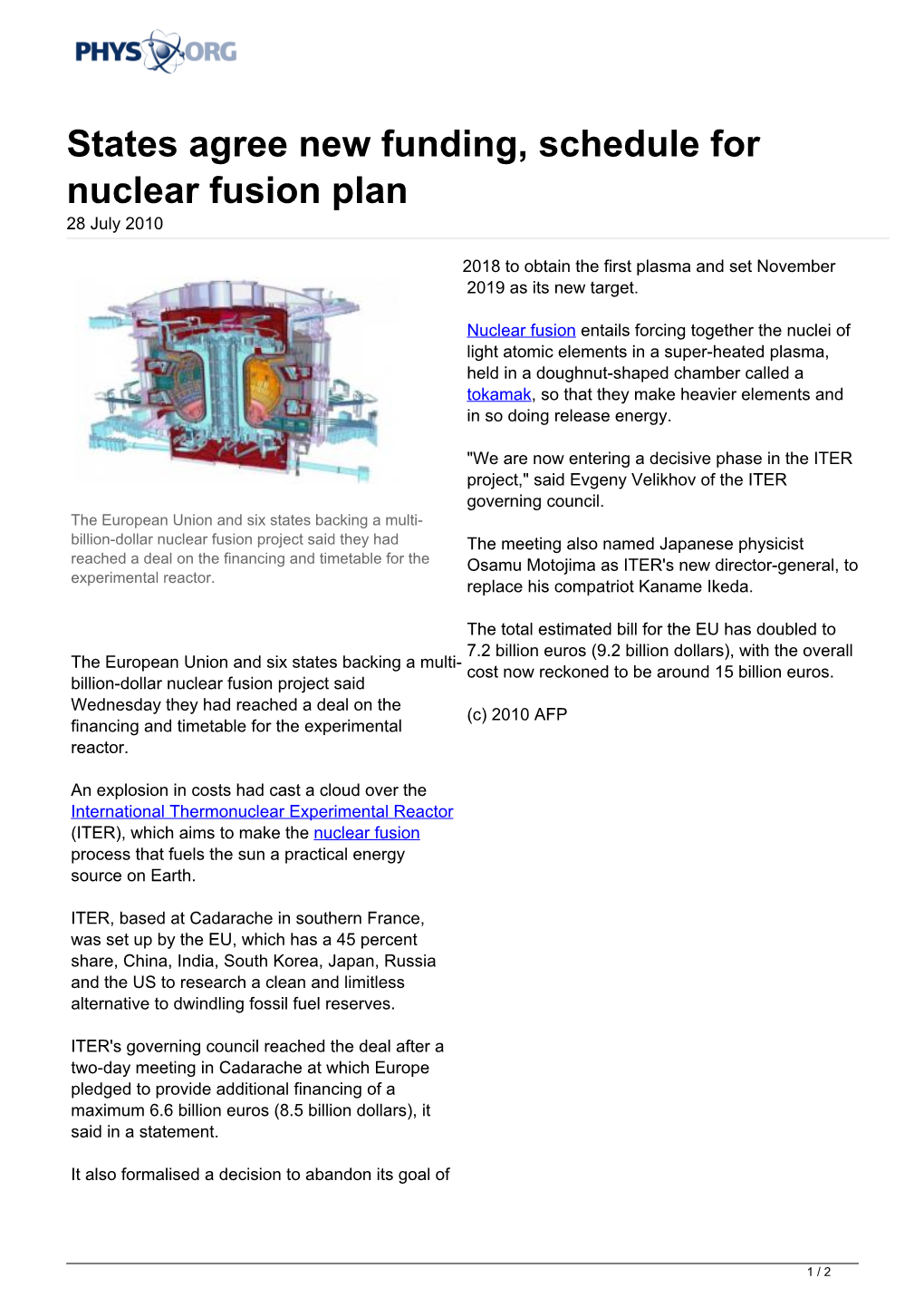 States Agree New Funding, Schedule for Nuclear Fusion Plan 28 July 2010