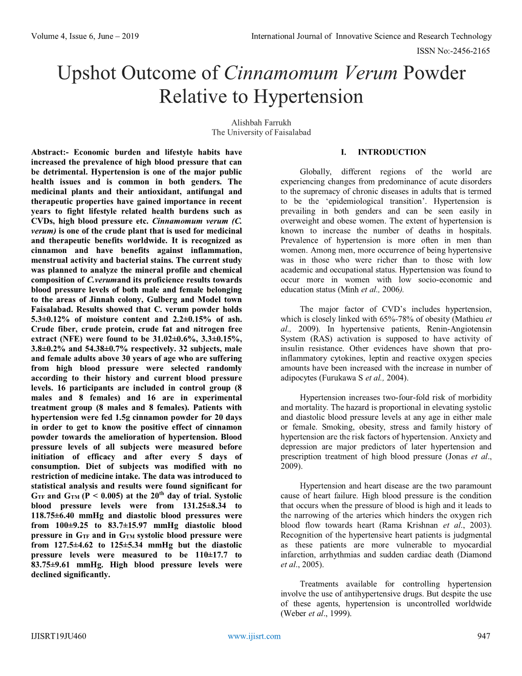 Upshot Outcome of Cinnamomum Verum Powder Relative to Hypertension