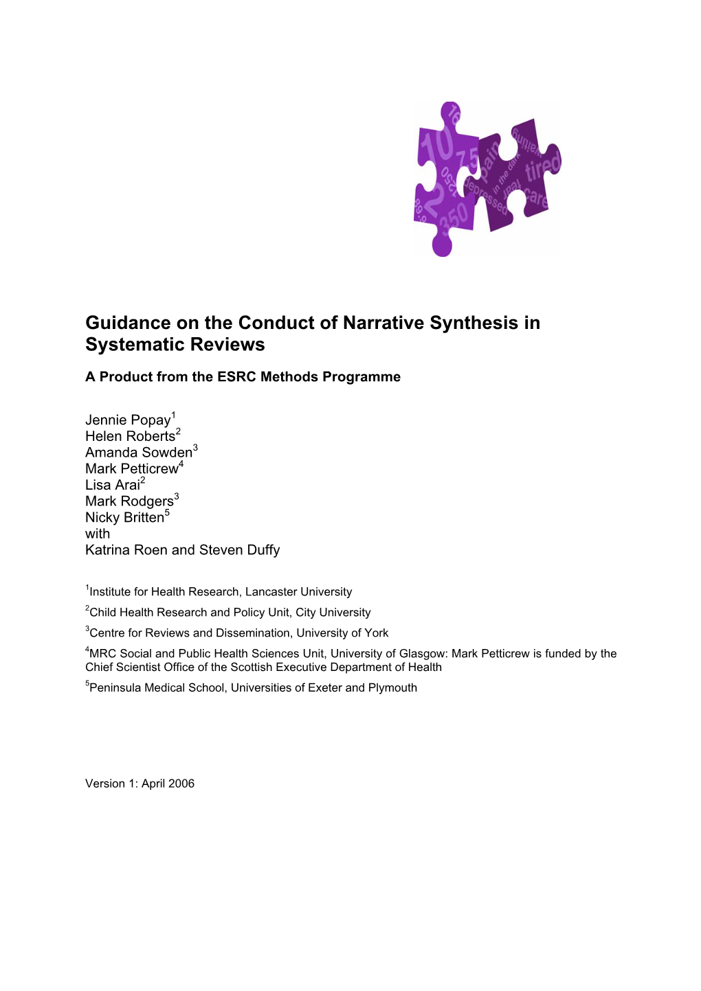 Guidance on the Conduct of Narrative Synthesis in Systematic Reviews