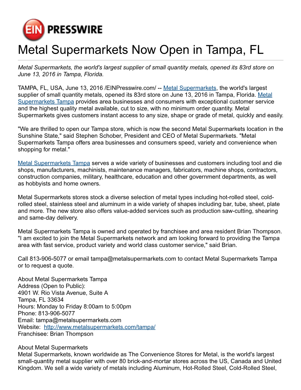 Metal Supermarkets Now Open in Tampa, FL
