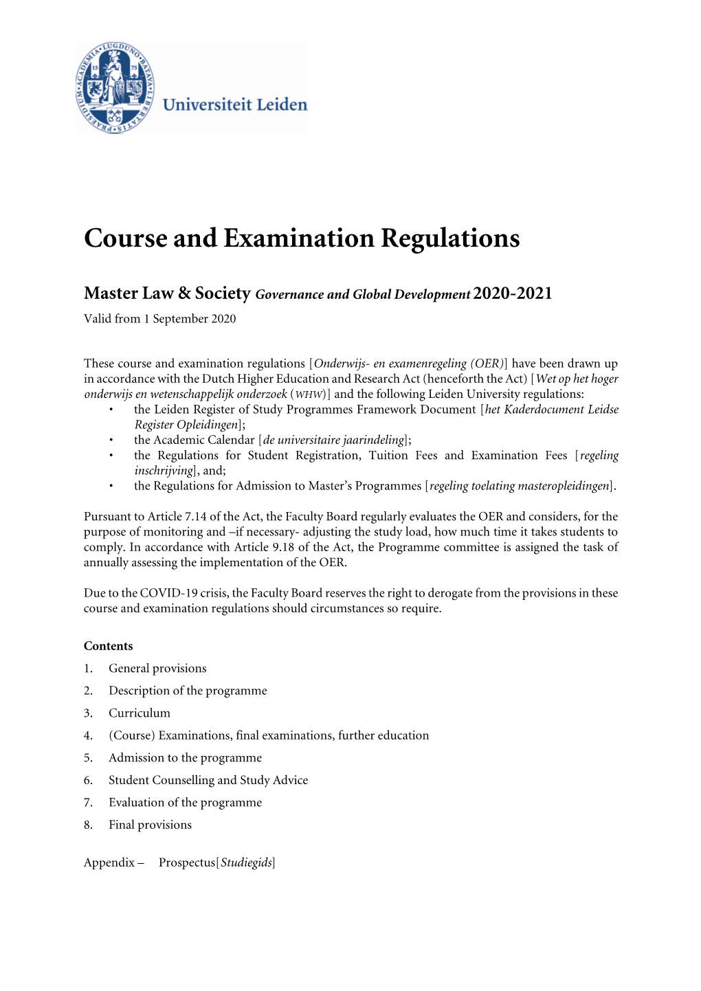 Fdr Course and Examination Regulations (OER) Master Law And