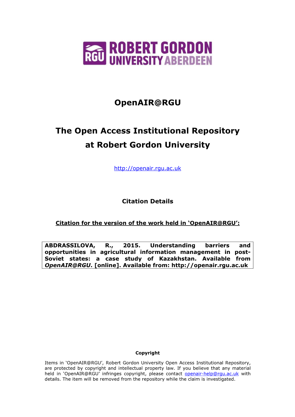 Openair@RGU the Open Access Institutional Repository at Robert