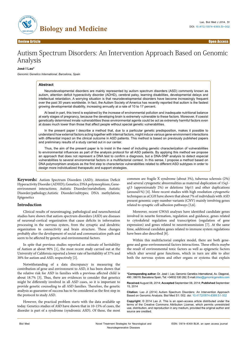 Autism Spectrum Disorders: an Intervention Approach Based on Genomic Analysis