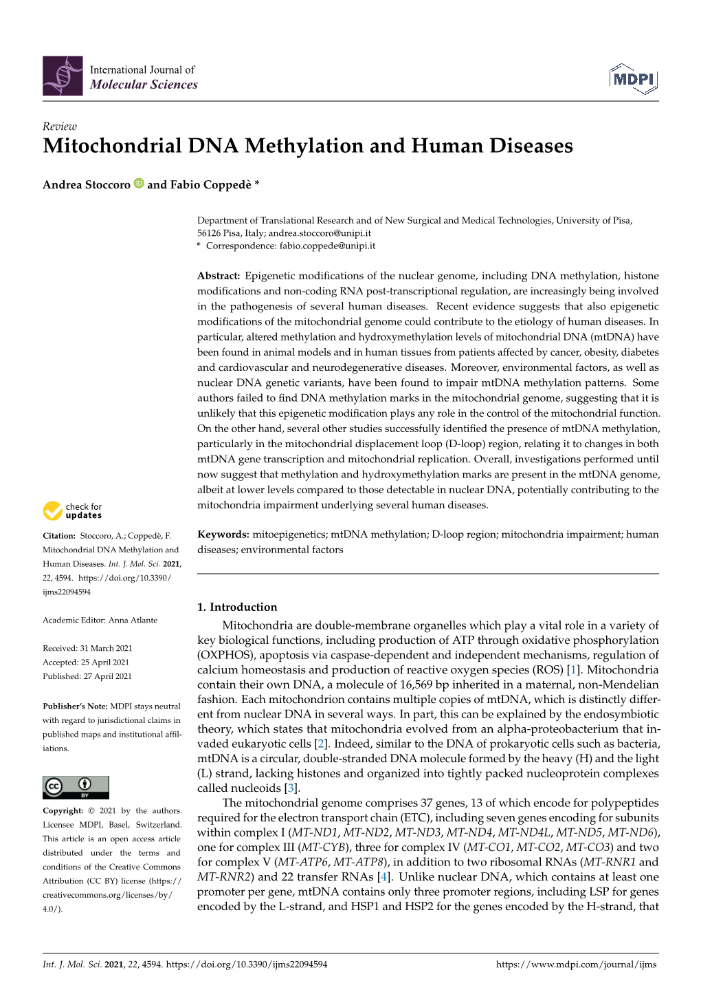 Mitochondrial DNA Methylation and Human Diseases