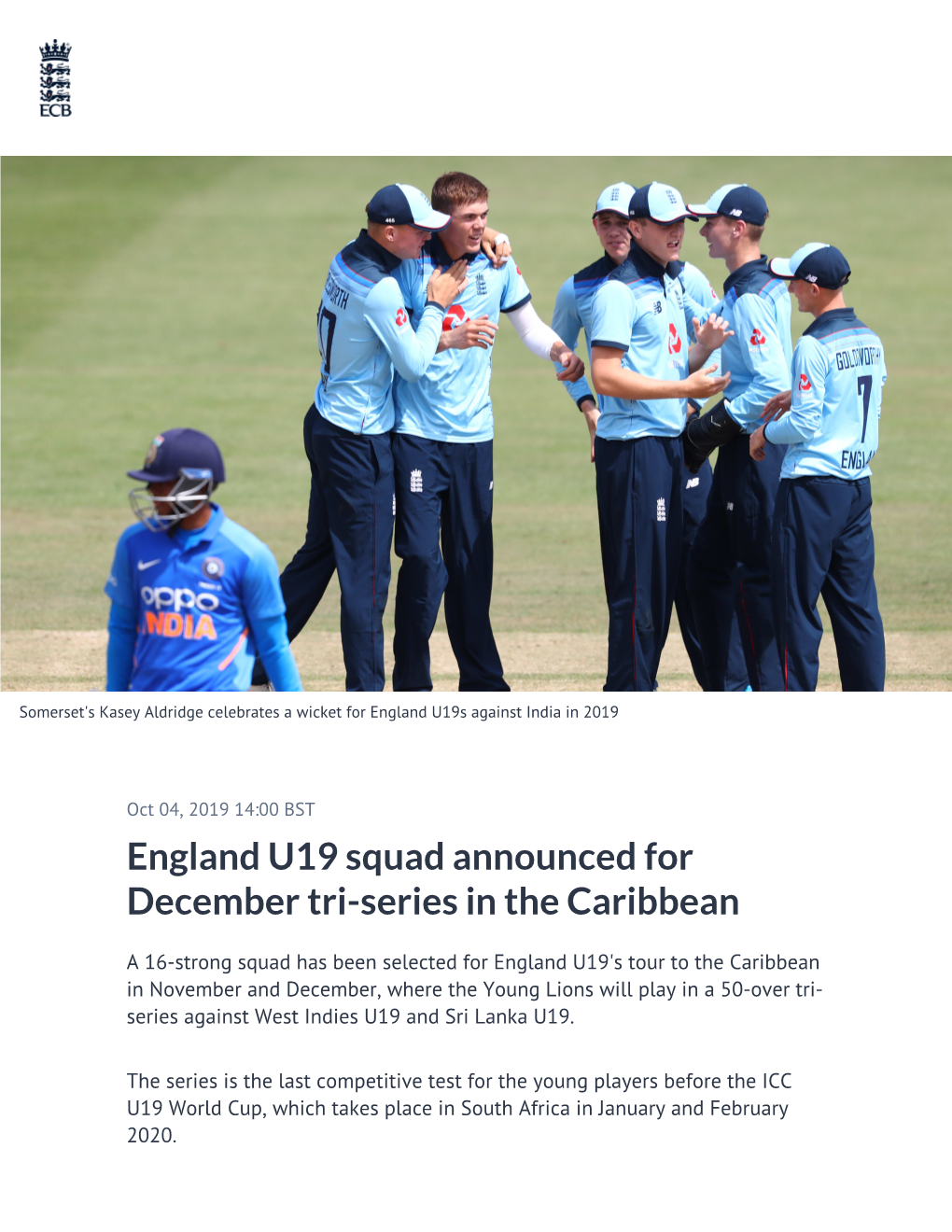 England U19 Squad Announced for December Tri-Series in the Caribbean