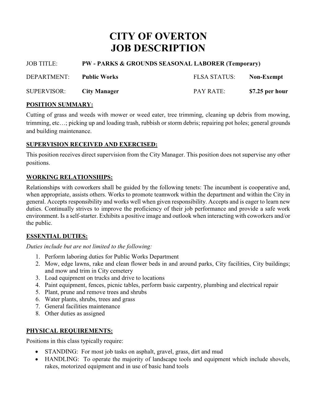 City of Overton Job Description