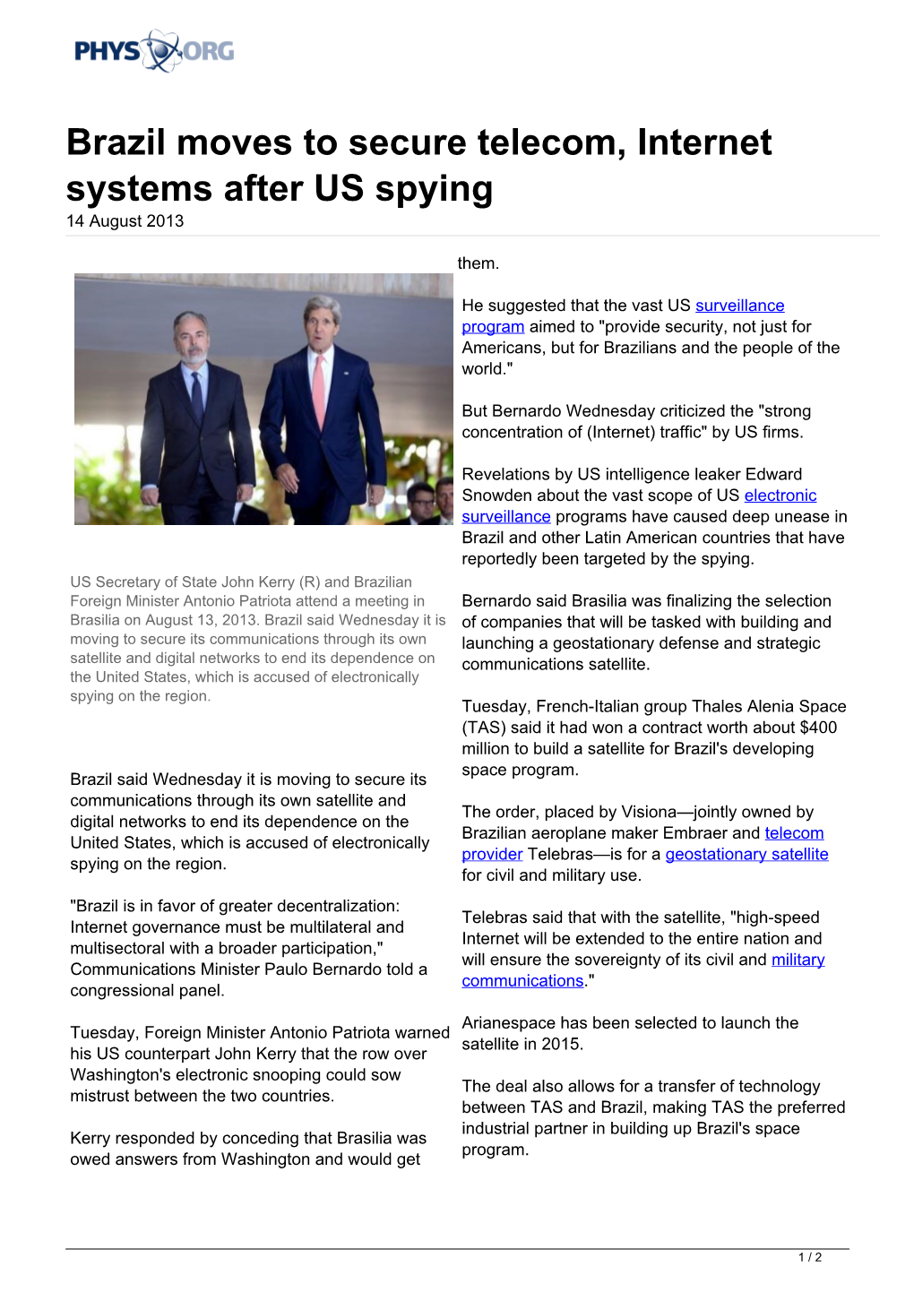 Brazil Moves to Secure Telecom, Internet Systems After US Spying 14 August 2013