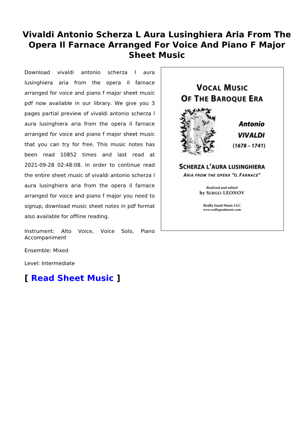 Vivaldi Antonio Scherza L Aura Lusinghiera Aria from the Opera Il Farnace Arranged for Voice and Piano F Major Sheet Music