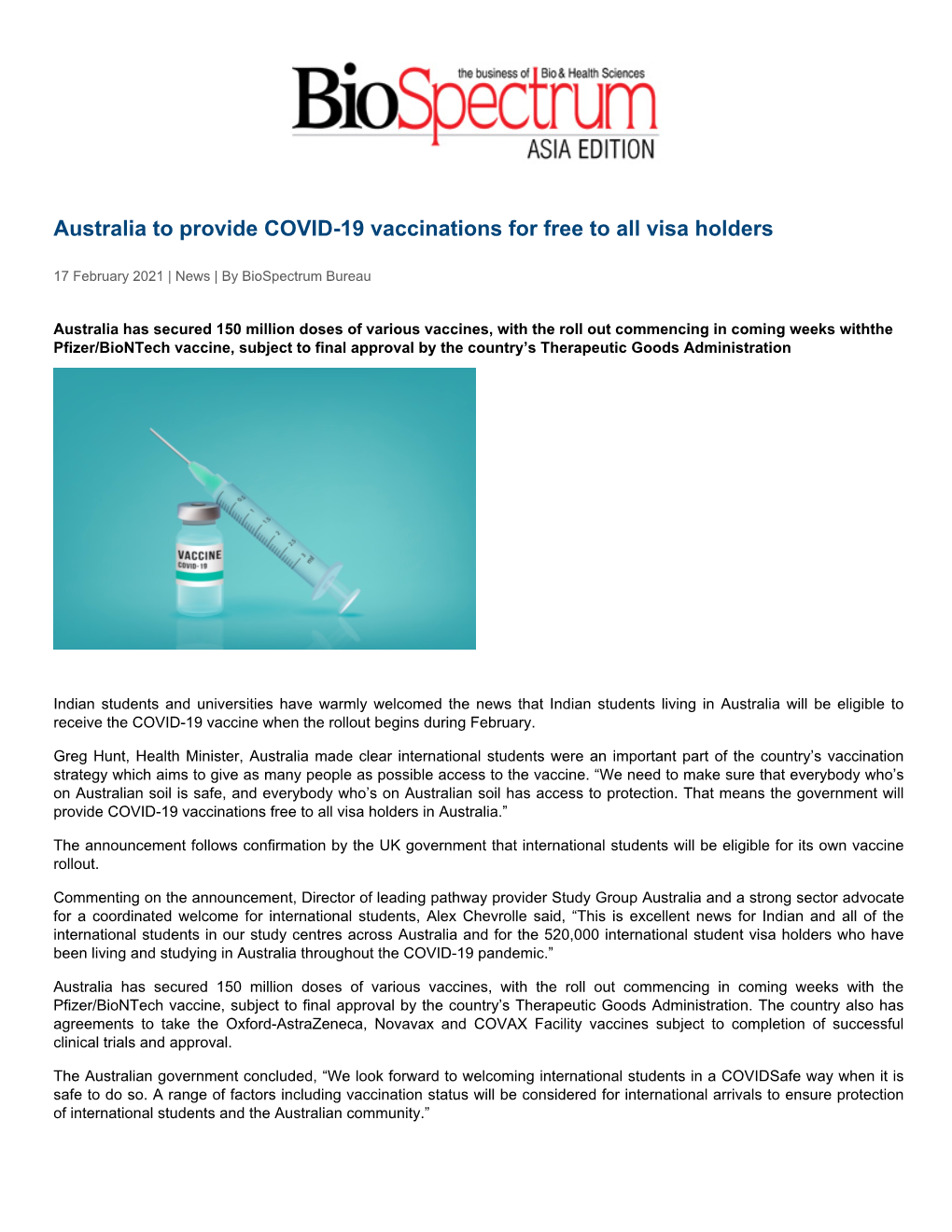 Australia to Provide COVID-19 Vaccinations for Free to All Visa Holders