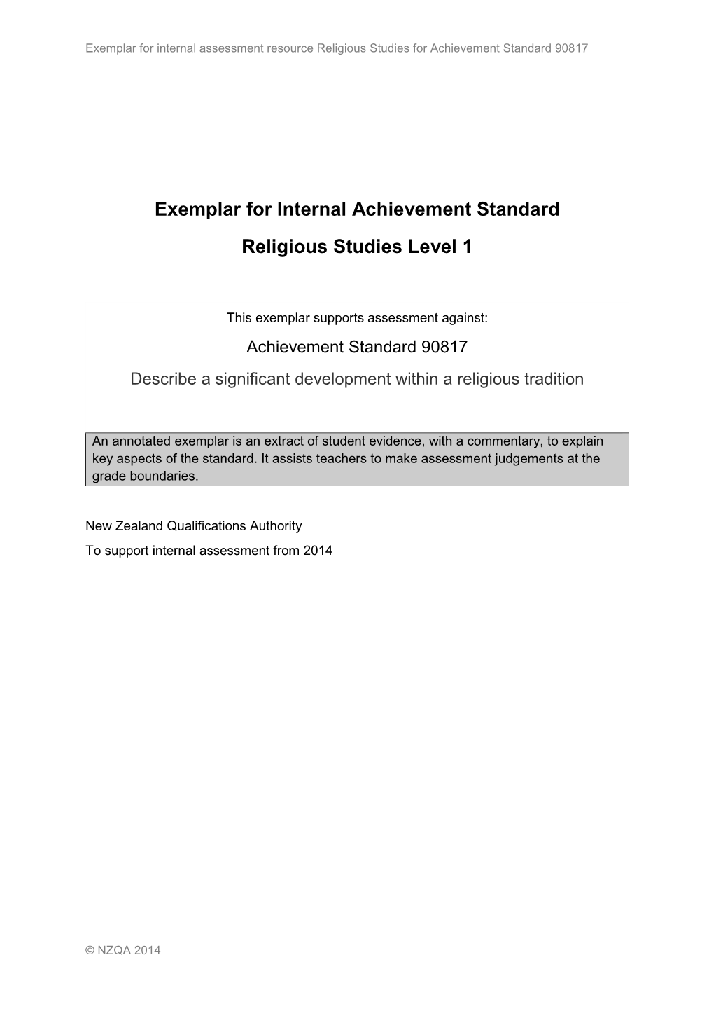 Exemplar for Internal Achievement Standard Religious Studies Level 1