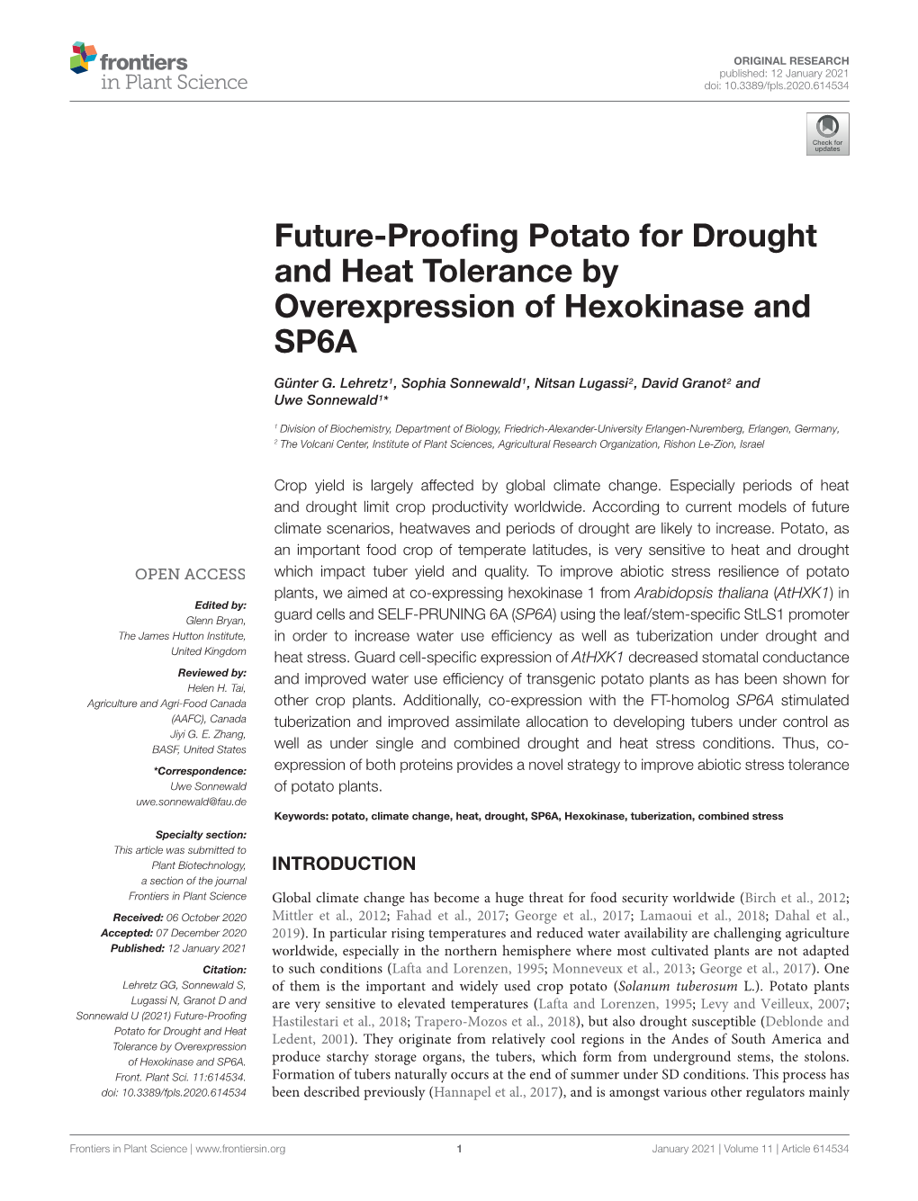 Future-Proofing Potato for Drought and Heat Tolerance by Overexpression of Hexokinase and SP6A