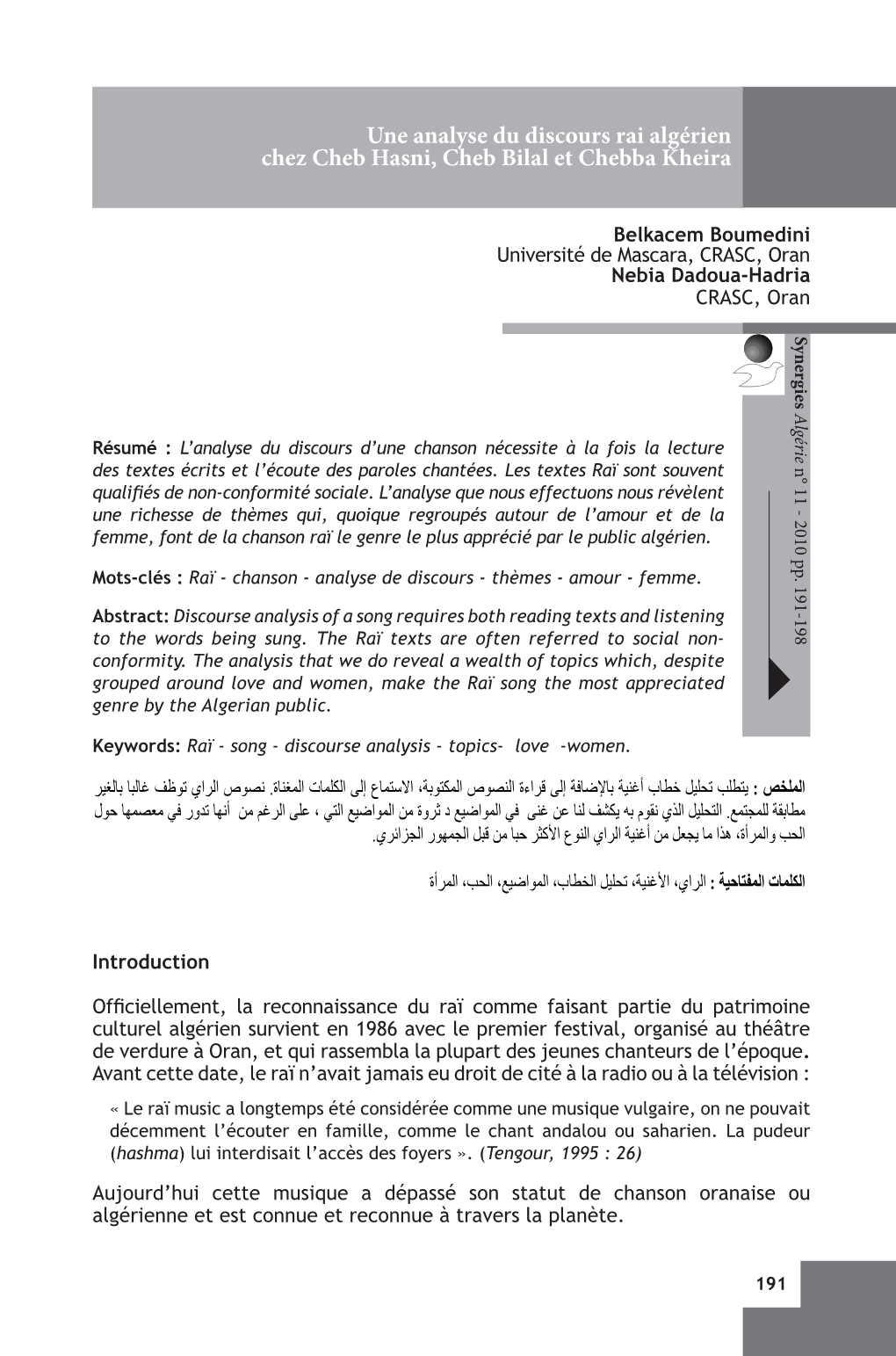 Une Analyse Du Discours Rai Algérien Chez Cheb Hasni, Cheb Bilal Et Chebba Kheira