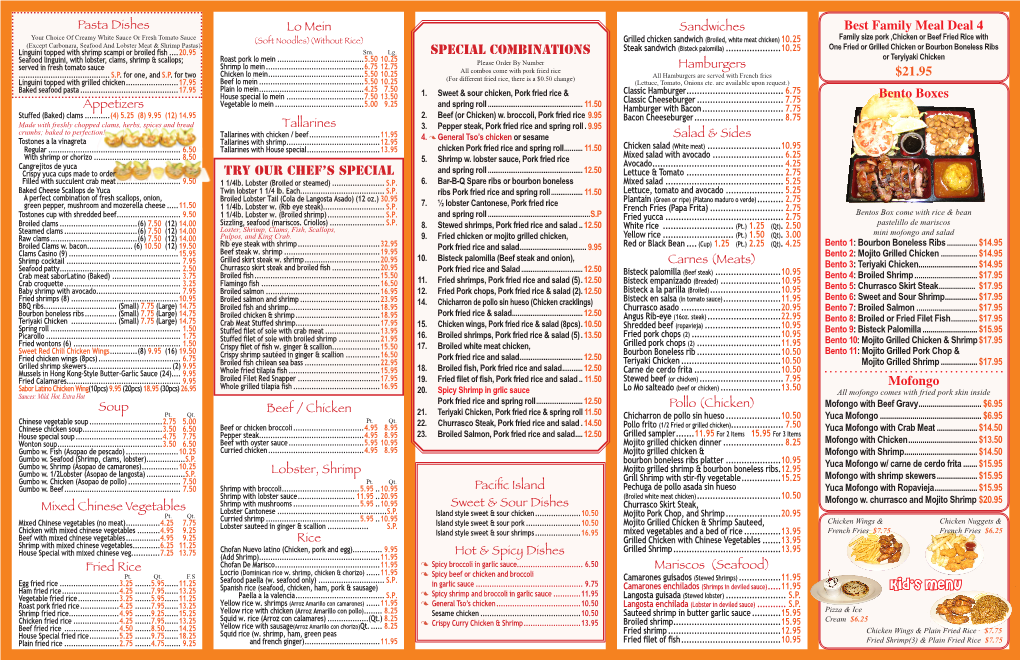 Kid's Menu Best Family Meal Deal 4 $21.95 Bento Boxes Mofongo